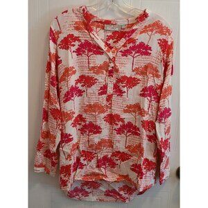 UTSA Women's Long Sleeve V Neck Popover Tunic Blouse Top Pink Trees Viscose Sz M